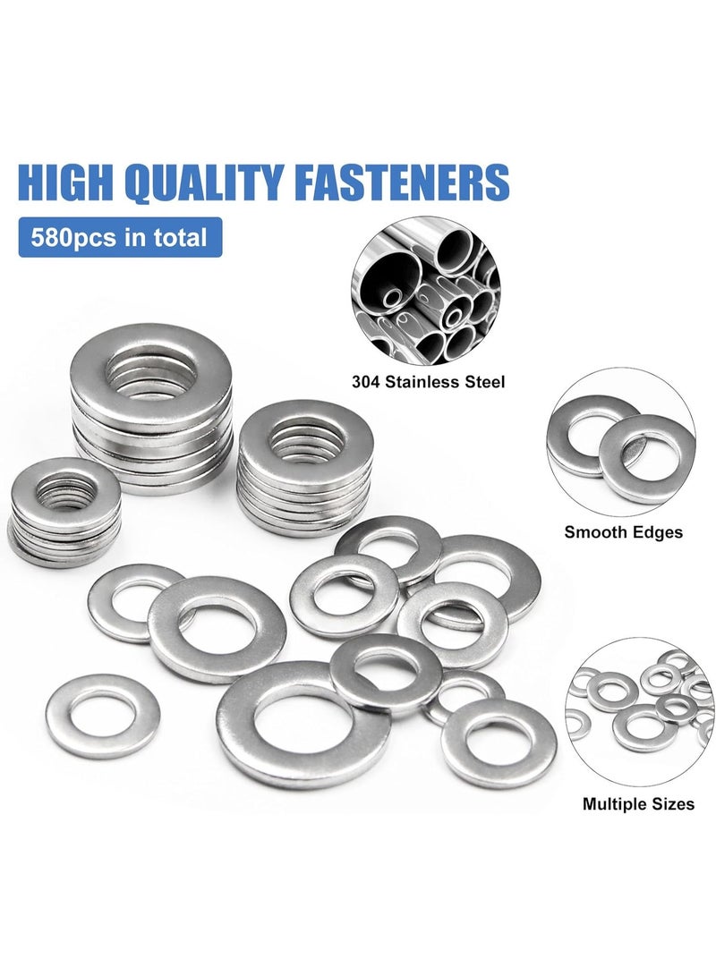 Arabest 304 Stainless Steel Flat Washers 580 Piece Set - Heavy Duty Metric Fender Washers Assortment for Bolts Screws Nuts - Rust Proof Steel Washers Kit - Image 3